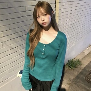 keemy 펀칭 유넥 단추 긴팔 티셔츠